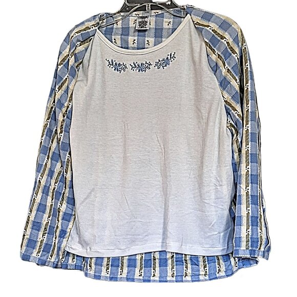 Women's L Short-sleeve Blue Button-up Gingham w/Attached Floral Embroidered Tank - Picture 2 of 6